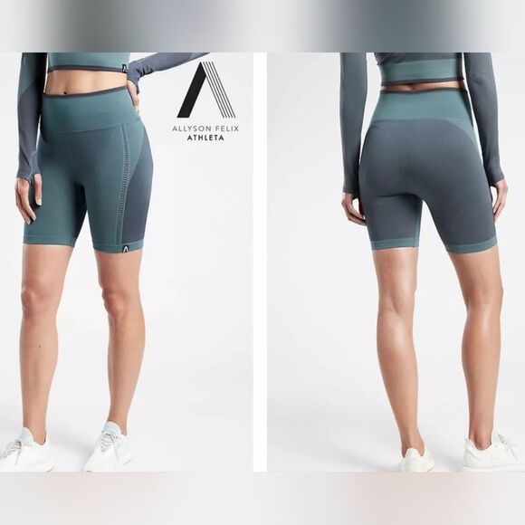 Athleta Allyson Felix Shine Bike Cycling Green Navy Athletic Shorts 3X Plus NWOT - Picture 1 of 12